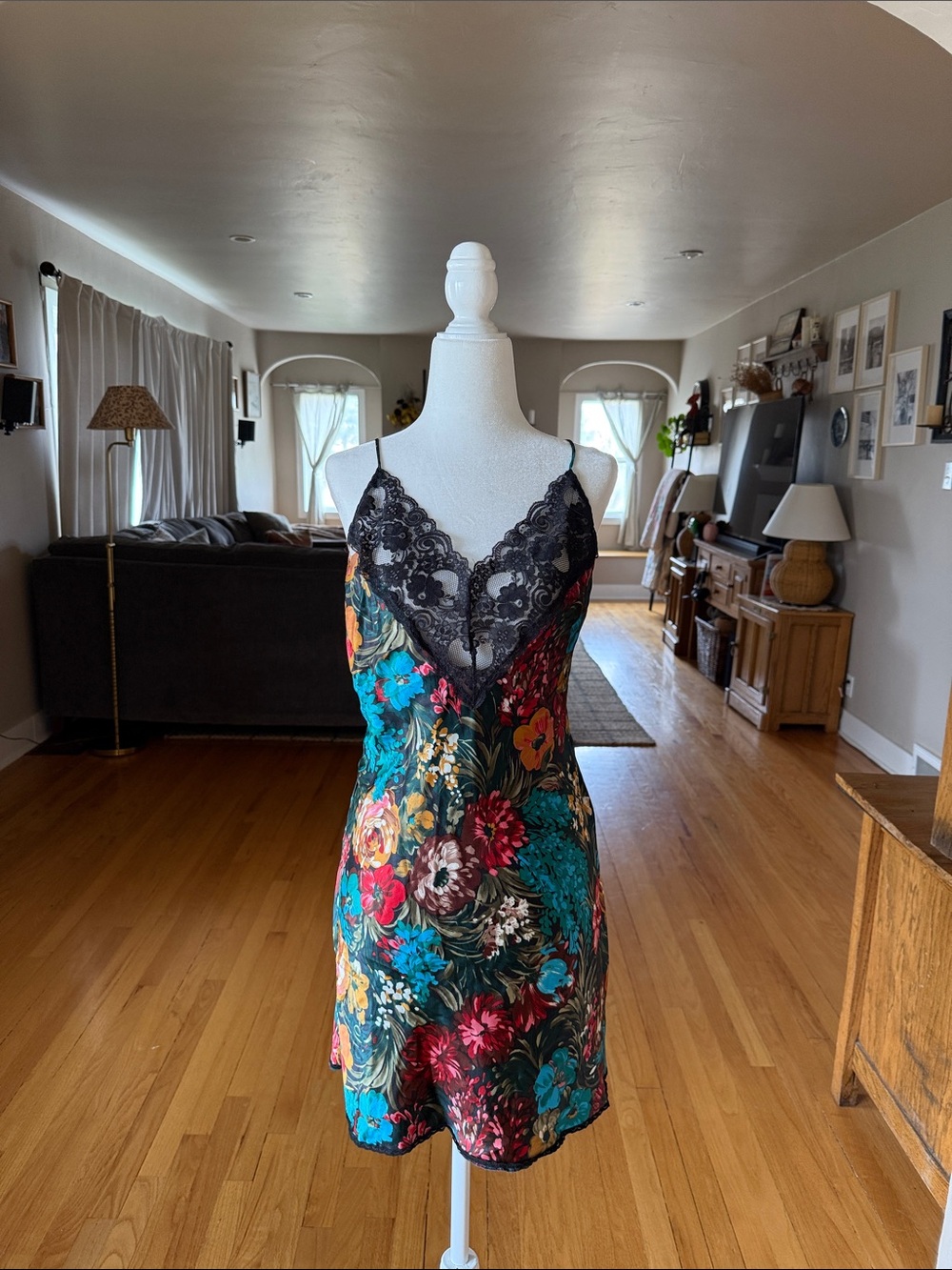 Floral Satin Slip Dress with Black Lace Trim